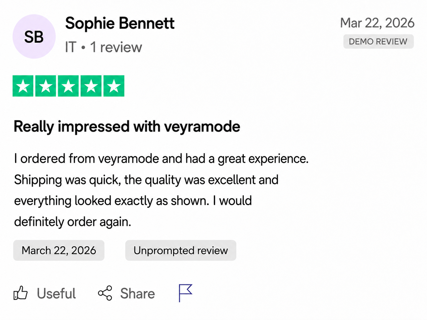 VeyraMode customer review from Sophie Bennett